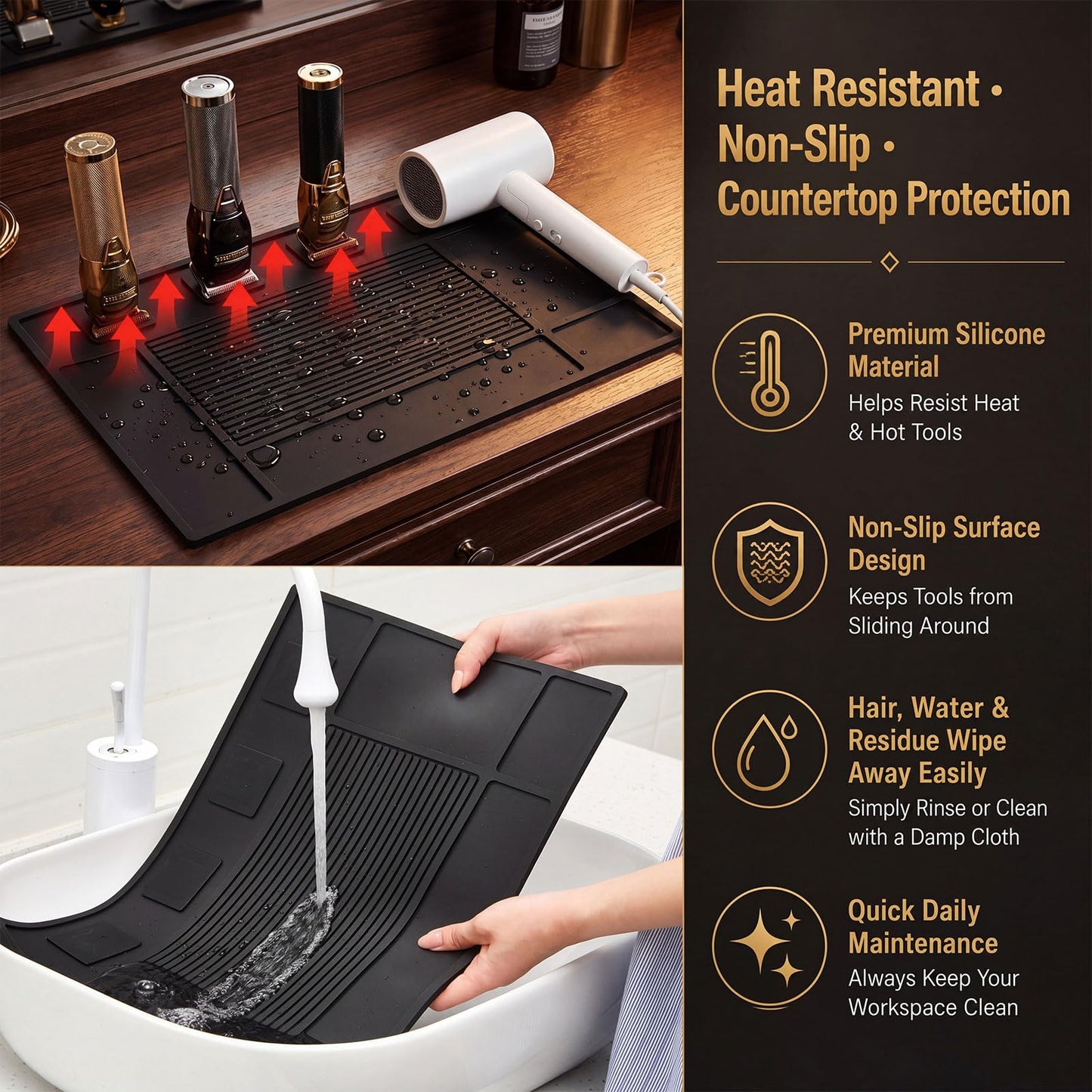 Novabright 4 Pcs Magnetic Barber Mat for Clippers Black Barber Tool Organizer Mat for Clippers and Salon Tools Heat Resistant Silicone Beauty Salon Table Mats Non-slip Barbershop Accessories