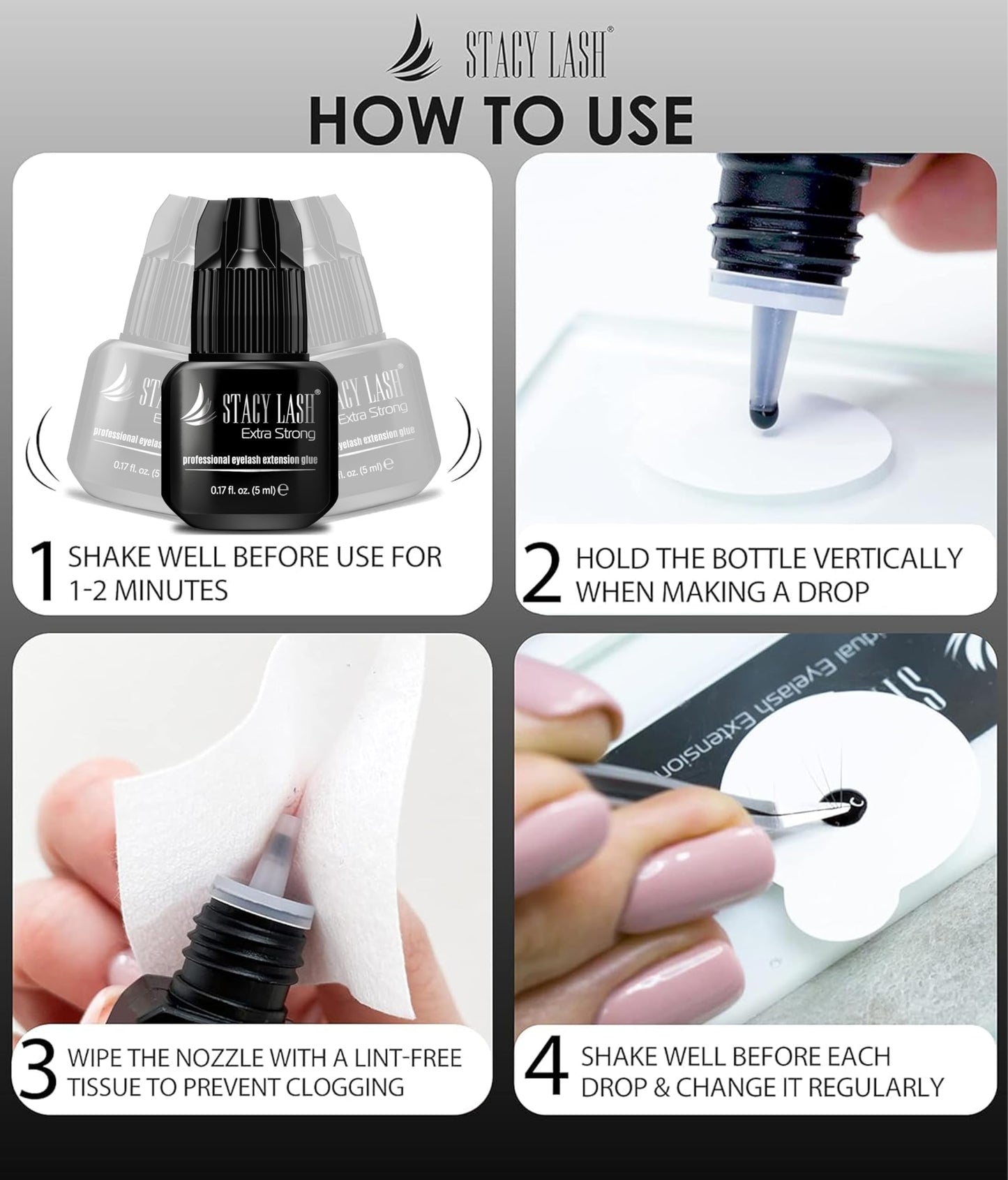 STACY LASH Extra Strong Lash Extension Glue (0.17fl.oz / 5ml) / 0.5-1 Sec Dry/Retention – 8 Weeks/Black Adhesive/Professional Supplies for Eye Lash Extensions