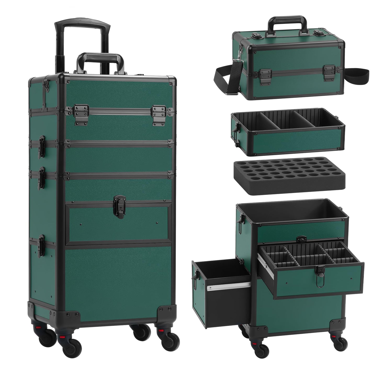 Somduy Rolling Makeup Case with Drawer, Makeup Train Case, 4 in 1Cosmetology Case on Wheels, Christmas Gift, Large Makeup Case Organizers, Profesional Cosmetic Case for Salon Barber, Green