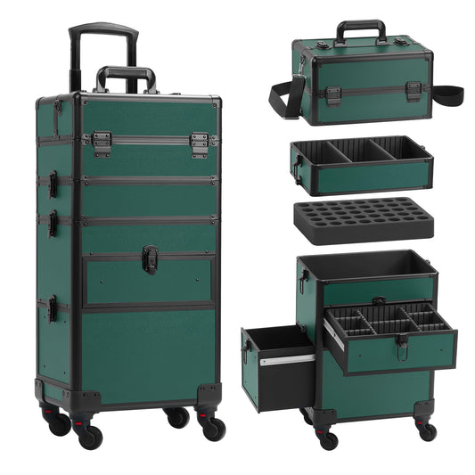 Somduy Rolling Makeup Case with Drawer, Makeup Train Case, 4 in 1Cosmetology Case on Wheels, Christmas Gift, Large Makeup Case Organizers, Profesional Cosmetic Case for Salon Barber, Green