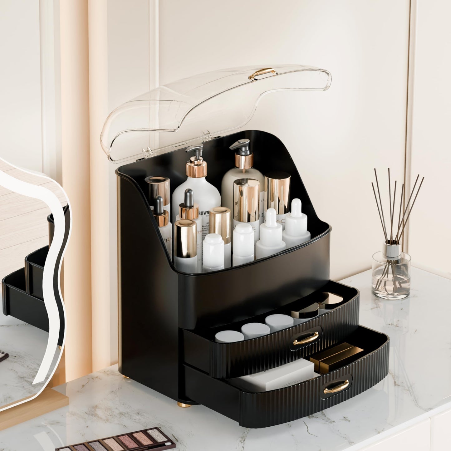 Plukers Makeup Organizer Countertop Vanity with Transparent Lid Drawers Waterproof Dustproof Cosmetic Skincare Bathroom Storage Gift for Women Teens Girls (Black)