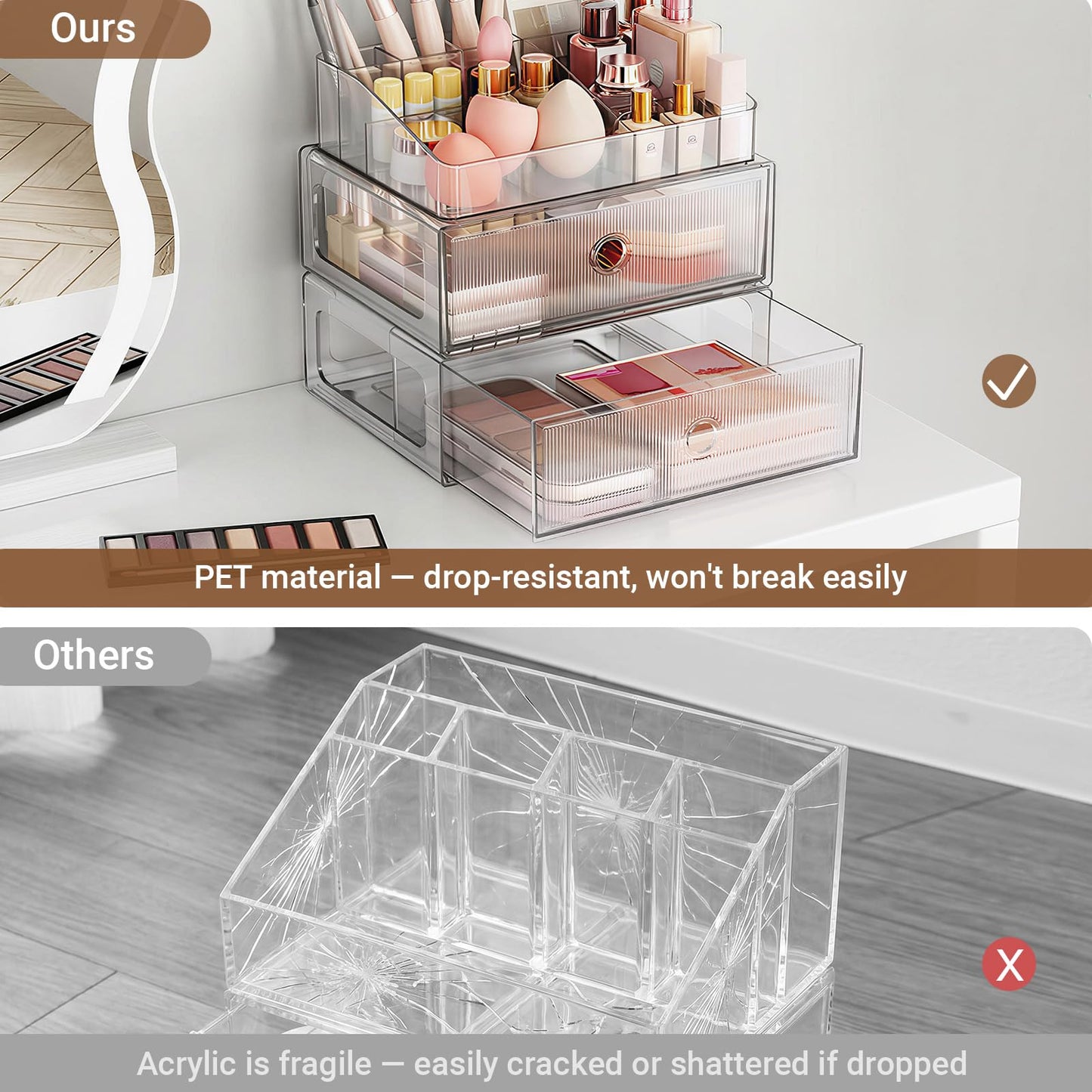 HOMETUK 2 Tier Clear Makeup Organizer with Drawer, PET Cosmetic Storage for Dresser, Countertop & Bathroom Vanity, Holders for Lipstick, Brushes, Skincare & Beauty Supplies