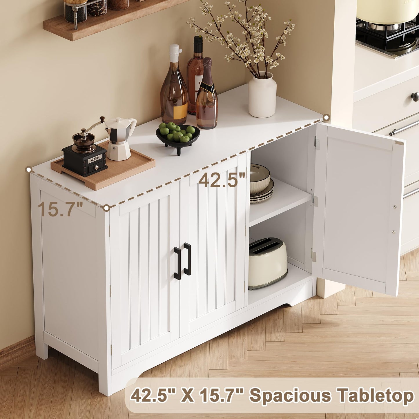 ChooChoo Modern Sideboard Buffet Cabinet, Coffee Bar Storage Cabinet with Doors and Adjustable Shelves, Kitchen Storage Cabinet for Dining Room, Living Room, White