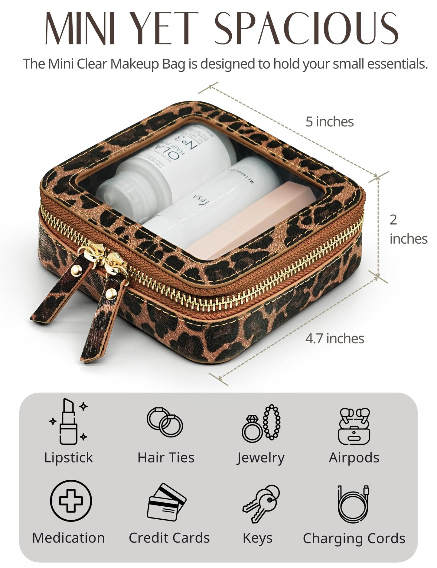 Small Makeup Bag Clear Mini Pouch Cosmetic Case Travel Leopard Make Up Bag for Purse Accessories Cheetah Print Travel Clear Case for Car Essentials Women Cute Leather Little Cosmetic Pouch with Zipper