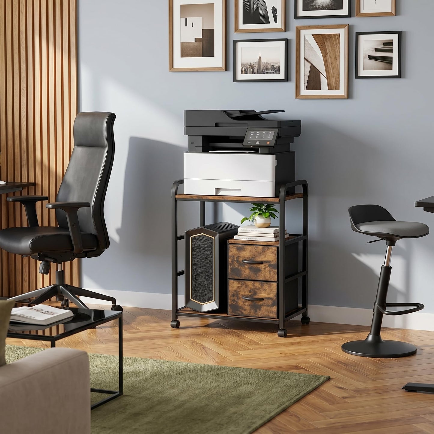 ZEXVIDA Printer Stand Featuring Fabric Drawers, Under Desk Host Computer Cabinet and Shredder Shelf, Heavy Duty Printer Stand with Storage Workstation Organization Printer Table for Home Office