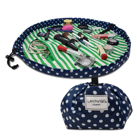 Lay-n-Go Cosmo Layflat Drawstring Cosmetic & Makeup Bag Organizer w/Zipper Pocket, Brush Loops & More, Cinch to Close, Lay Flat to Use, Durable, Machine Wash, Travel Toiletry Bag (20", Navy/Green)
