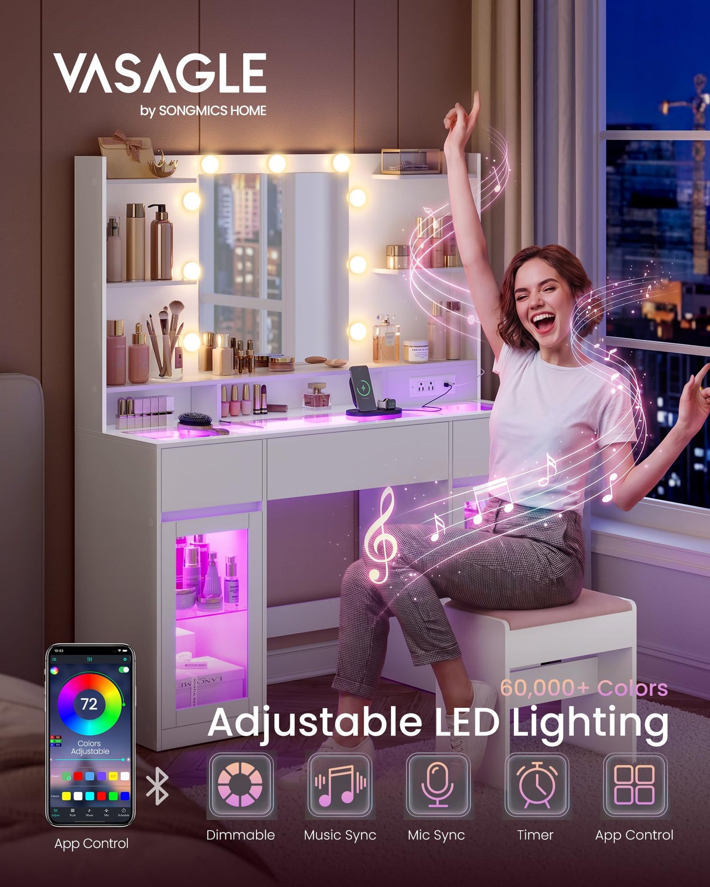 VASAGLE Kailyn Collection - Vanity Desk with LED Lights and Power Outlet, Modern Vanity Table with Light Strip, 3 Drawers, 2 Cabinets, Transparent Top, 8 Storage Shelves, Cloud White URDT145WB03S