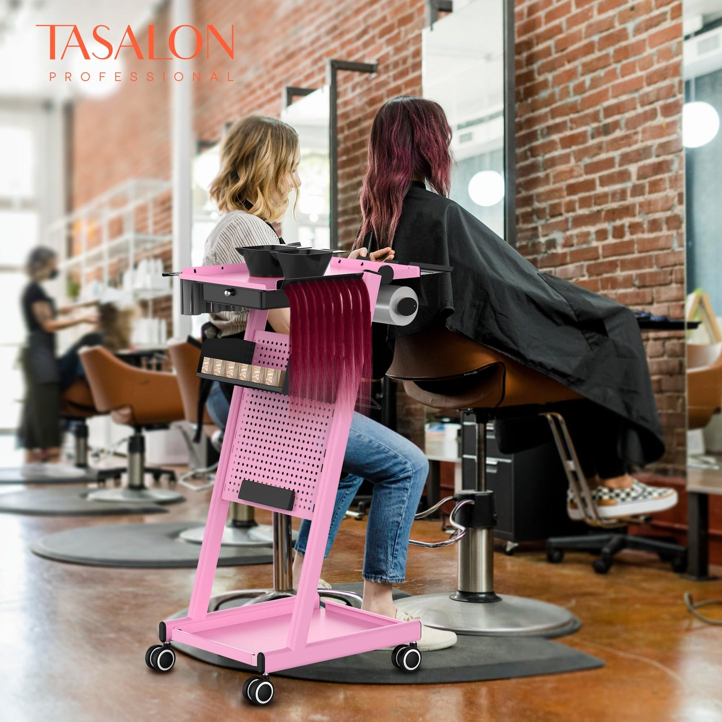 TASALON Premiu Multifunctional Rolling Workstation Table with 360 Degree Mute Universal Wheel for Tattoo Work,Beauty Salon Spa Stools Service Storage Tray with Pegboard - Pink