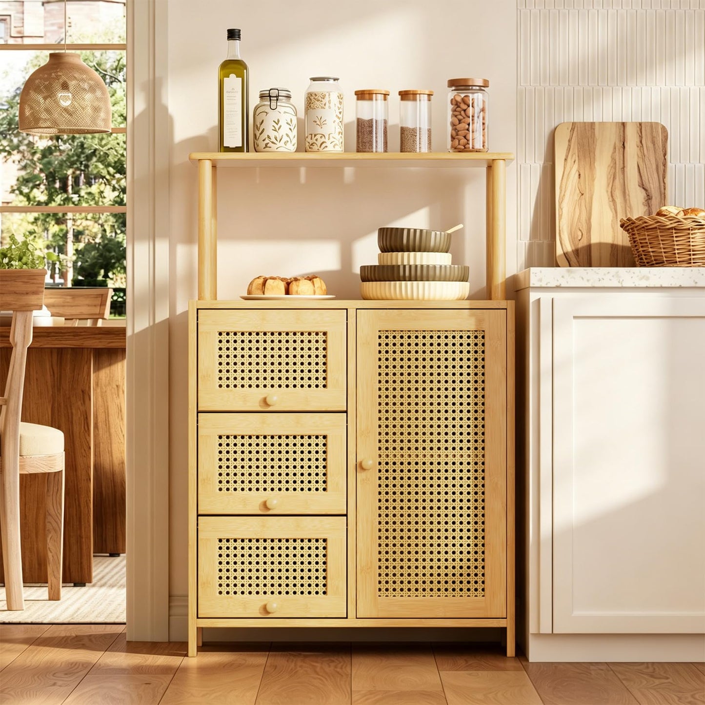 Amazer Sideboard Buffet Cabinet with Storage, Bamboo Storage Cabinets, Rattan Sideboard with Adjustable Shelf, Pantry Cupboard for Kitchen Living Room Entry Coffee Bar, Natural Color