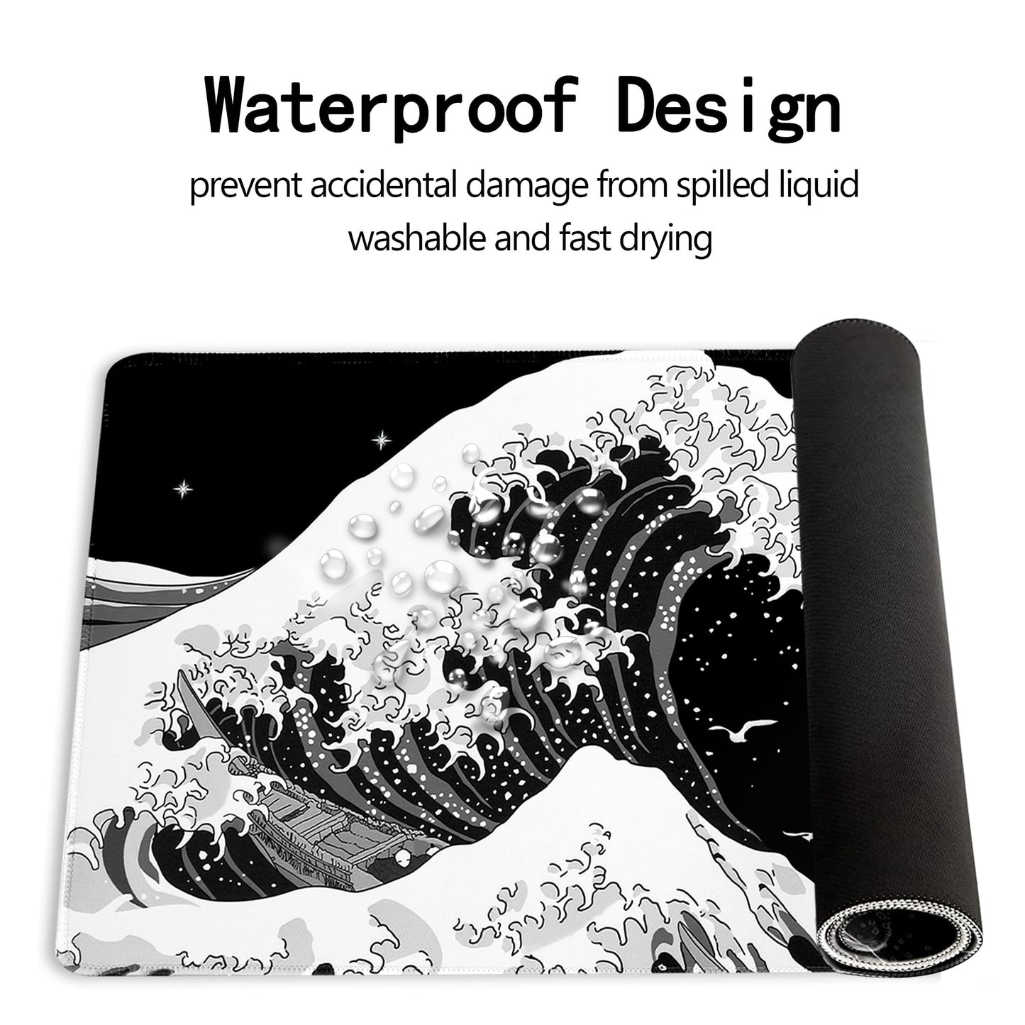 MEWOOCUE® Gaming Mouse Pad for Desk,Large Sea Wave Mousepad Laptop,Black White Japanese Anime Mouse Mat,Long XXL Waterproof Keyboard Pads,Big Non-Slip Mouse Pads for Game Office Home（35.4 x 15.7 in）