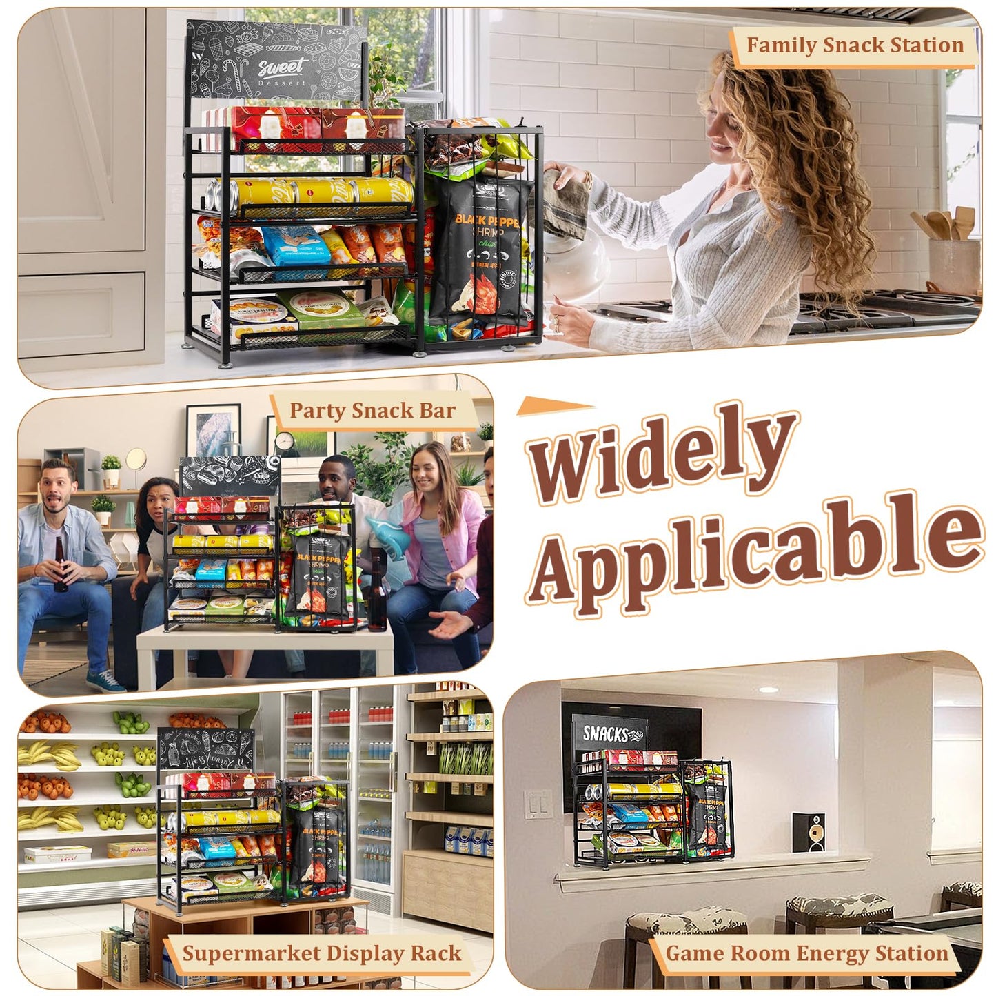 Bfttlity 4-Tier Snack Organizer for Countertop, Metal Candy Display Rack with Pull-Out Shelf, Chips Snack Display Holder for Counter with Baskets Frame for Kitchen Office Store Retail Display