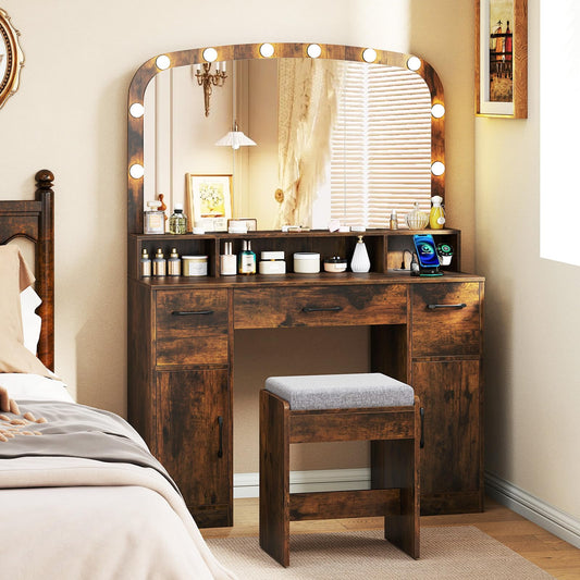 CHARMAID Large Vanity Desk with Arched Mirror and Lights, Vintage Makeup Vanity Table with Charging Station, Storage Drawers & Cabinets, Dressing Table with Stool for Bedroom, Rustic Brown
