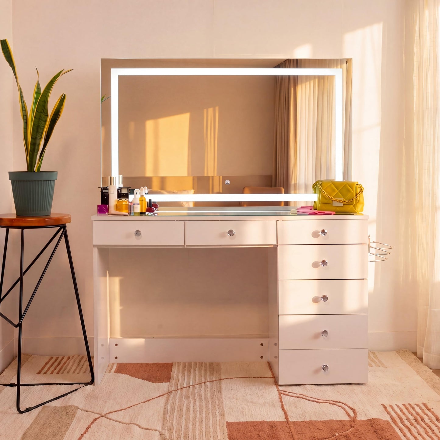 Boahaus Cleo Vanity Desk with LED Lighted Mirror – 7 Drawer Makeup Station with Integrated Power