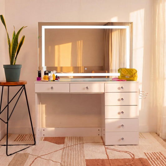 Boahaus Cleo Vanity Desk with LED Lighted Mirror – 7 Drawer Makeup Station with Integrated Power