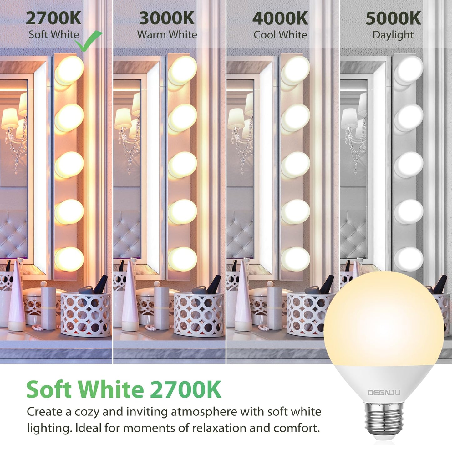 DEGNJU LED Vanity Light Bulbs, 60W Equivalent, Bathroom Light Bulbs 2700K Soft White, 800 Lumens, G25 Globe Bulb for Makeup Mirror, Round Shape, 7W, 120V, Non-Dimmable, 10 Pack