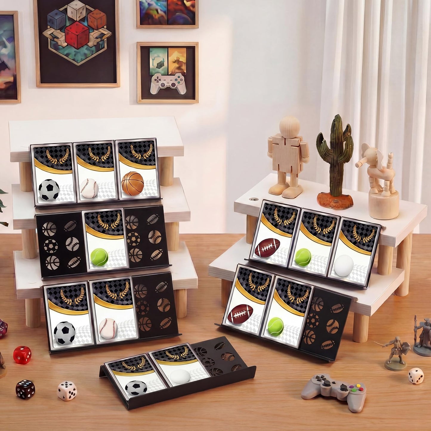 Yalikop 24 Pcs Trading Card Risers for Display Case Acrylic Modular Display Risers for Cardshow Vendor Sport Card Board Game (Ball Theme)