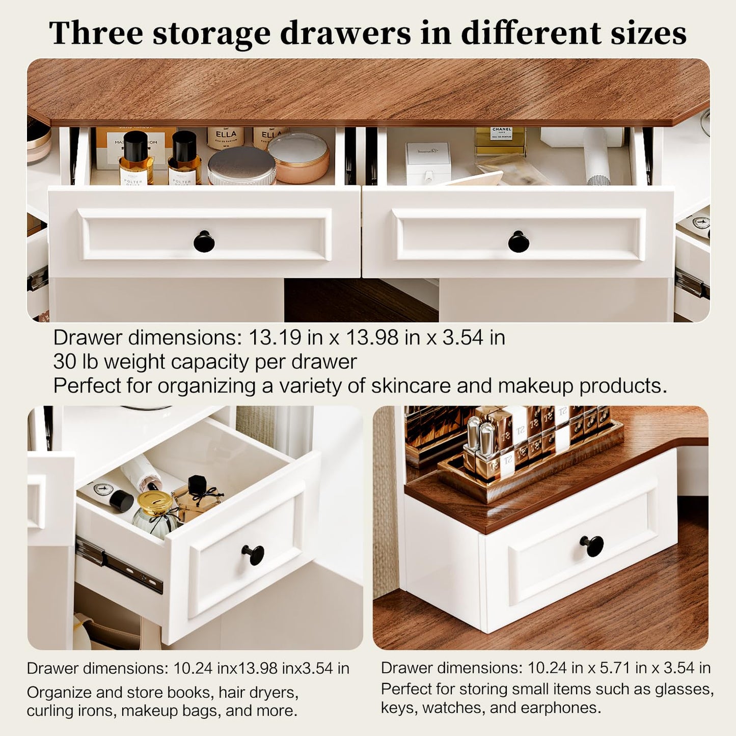 GRUTEUNIT Corner Vanity Desk with Mirror and Lights,Makeup Vanities with Power Outlet and 6 Drawers, 3 Light Settings, Dimmable for Women Girls, Bedroom, White