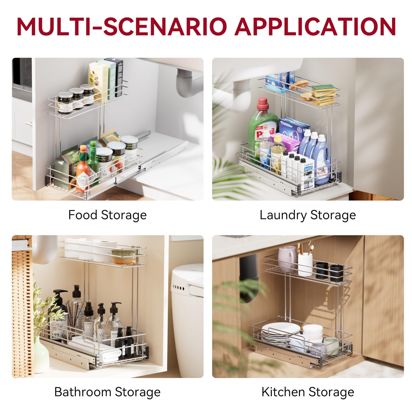 STORKING Under Sink Organizer 9" W X17 D, Pull Out Cabinet Organizer 2 Tier, Under Sink Slide Out Chrome Plated, Under Kitchen Bathroom Organizer, Pantry Cabinet Closet Organization Rack, 1 Pack