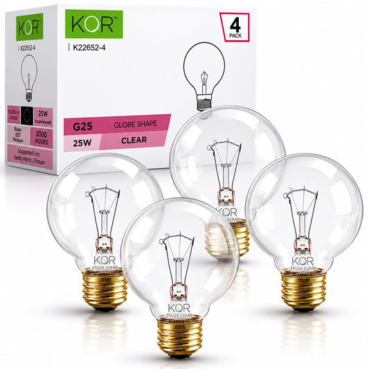 (4 Pack) G25 Globe Light Bulbs – 25W Incandescent, 2700K Soft White, E26 Base, Dimmable – Crystal Clear Vanity Bulbs for Bathroom, Mirror, Pendant Fixtures