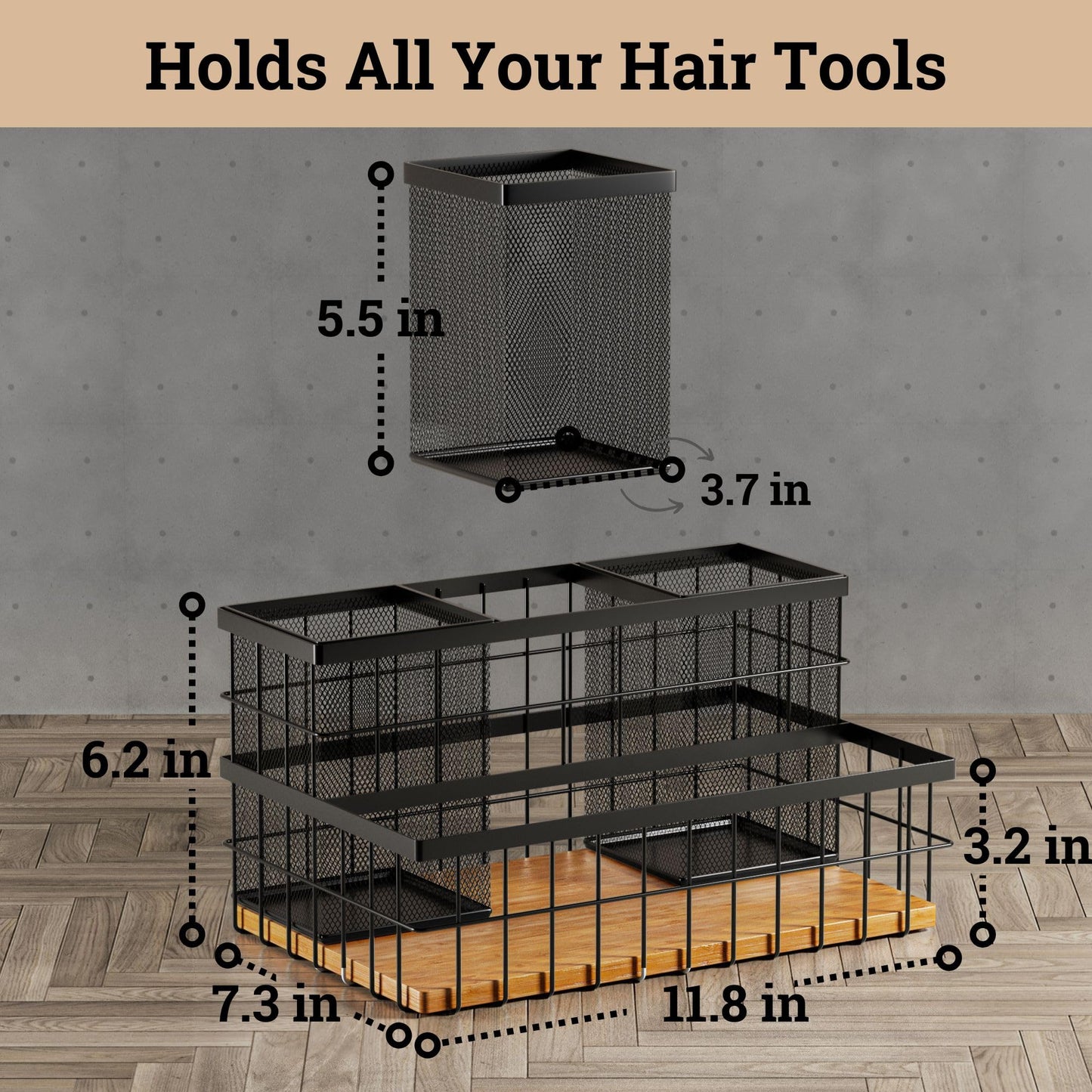 HB Design Co. Hair Tool Organizer - Countertop & Under Sink - Breathable Metal & Bamboo - Hot Hair Tools Organizer - Black