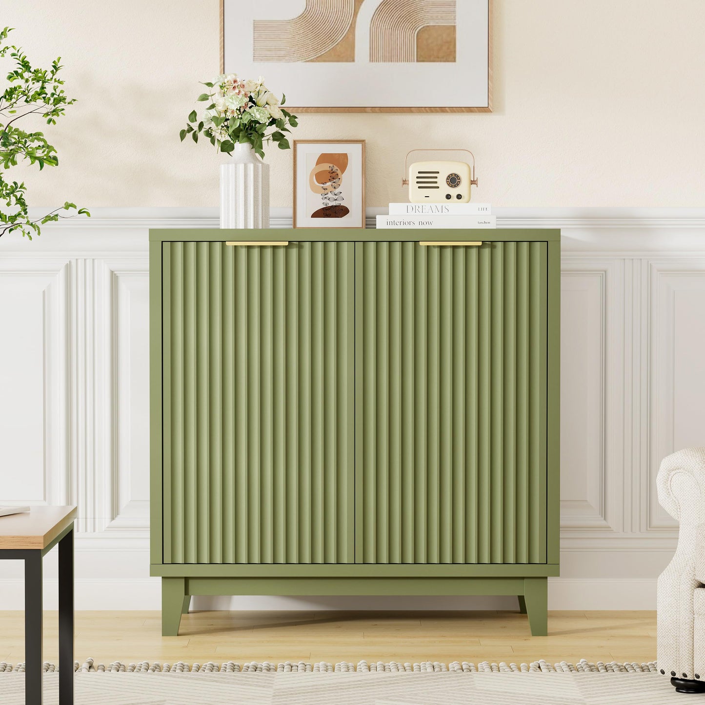 Fluted Cabinet with Storage, 2 Doors Sideboard Buffet, Mid Century Modern Accent Cabinet with Adjustable Shelves, Multifunctional Console Table with Storage for Living Room, Kitchen, Entryway, Green