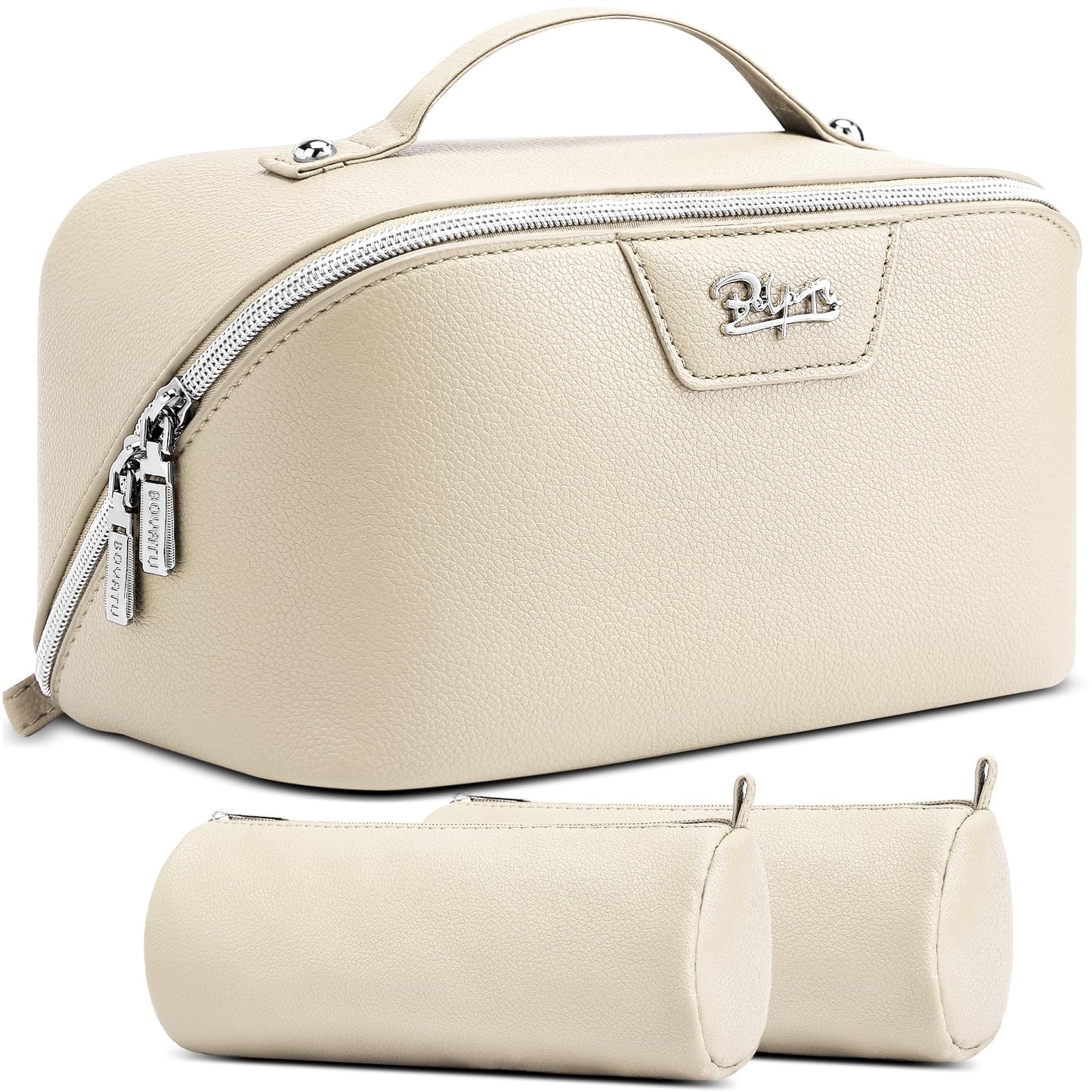 BOYATU Travel Makeup Bag Cosmetic Bags for Women: Large Capacity 3 Pcs Set Make up Bag with Compartments - Waterproof Vegan Leather Toiletry Organizer Bags with Handle (L27Off-white)