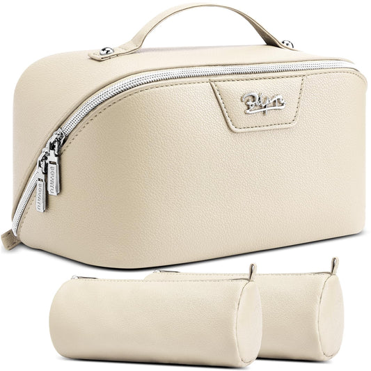 BOYATU Travel Makeup Bag Cosmetic Bags for Women: Large Capacity 3 Pcs Set Make up Bag with Compartments - Waterproof Vegan Leather Toiletry Organizer Bags with Handle (L27Off-white)