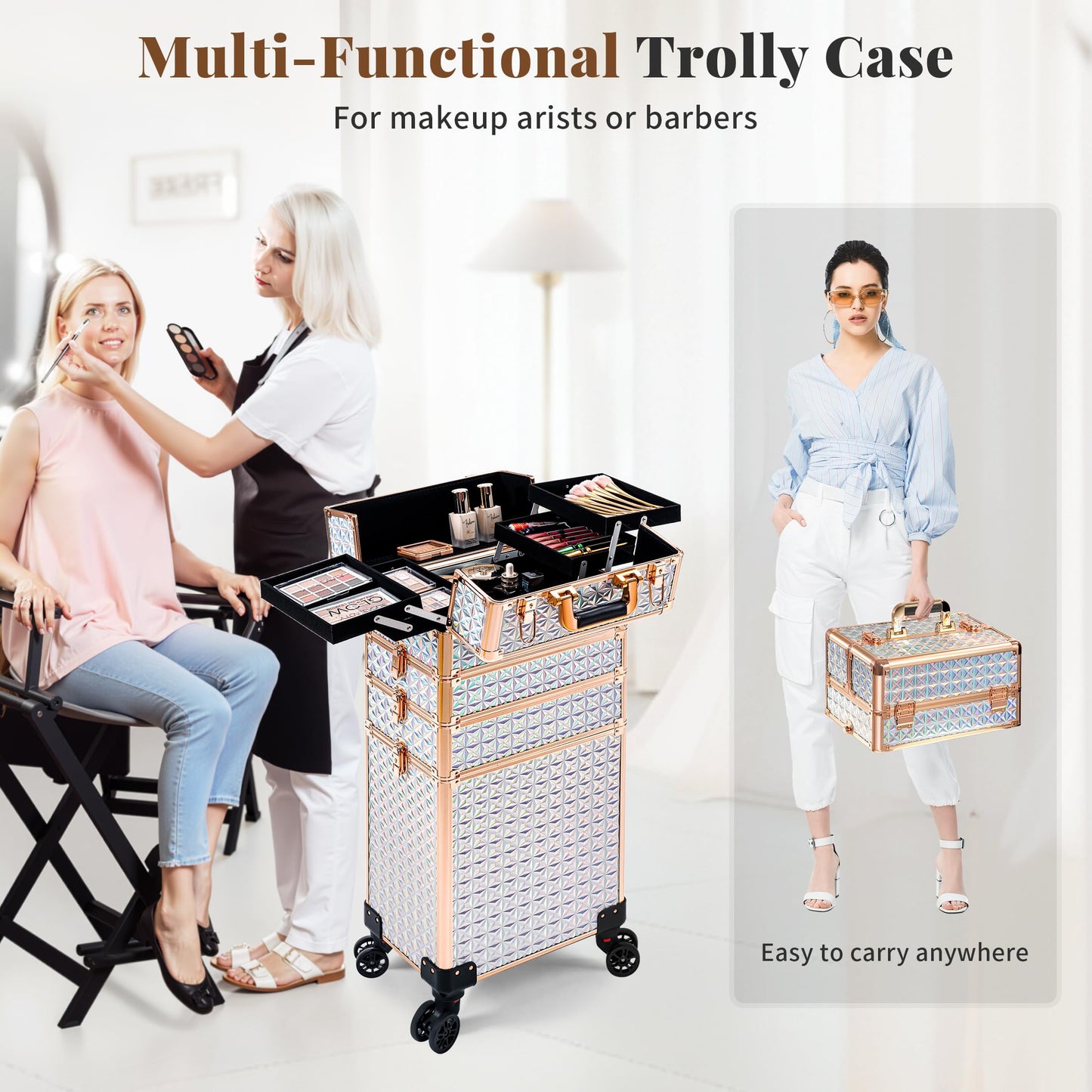 AROUS 5 in 1 Rolling Makeup Train Case Cosmetology Case on Wheels Large Cosmetic Organizer Travel Cart for Hairstylist Artist Nail Beauty Salon Barber,White