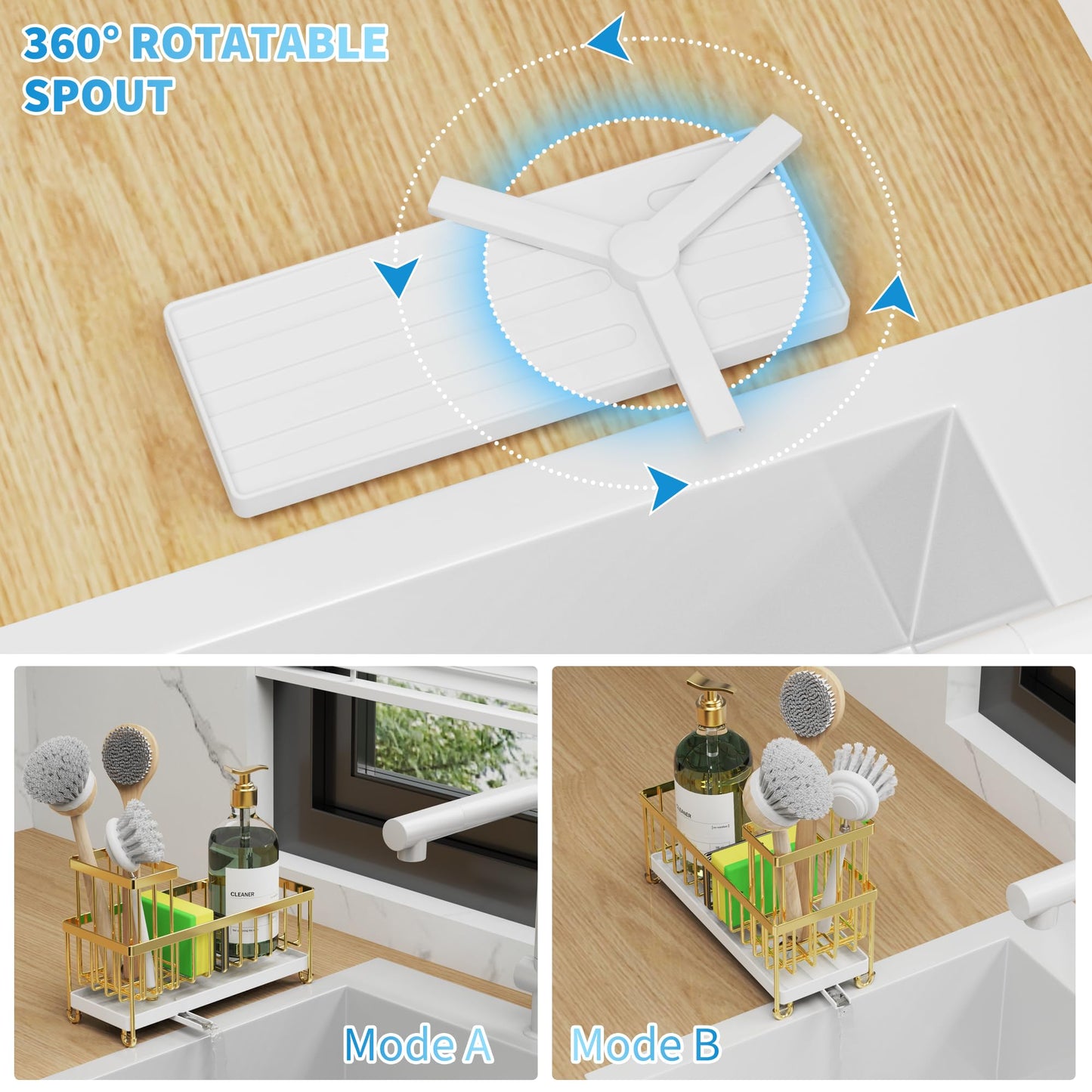 Cisily Sponge Holder for Kitchen Sink, Sink Caddy Organizer with High Brush Holder, Kitchen Countertop Organizers and Storage Essentials, Rustproof 304 Stainless Steel (Gold, 9.25″)