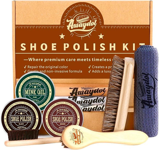 10 PCS Shoe Polish Kit - Horsehair Brushes, Black Brown Polish Cream,Mink Oil Conditioner for Shoes,Polishing Cloth, Leather Boots Shine Care Kit ﻿Gift for Men Cowboy Husband Dad ﻿