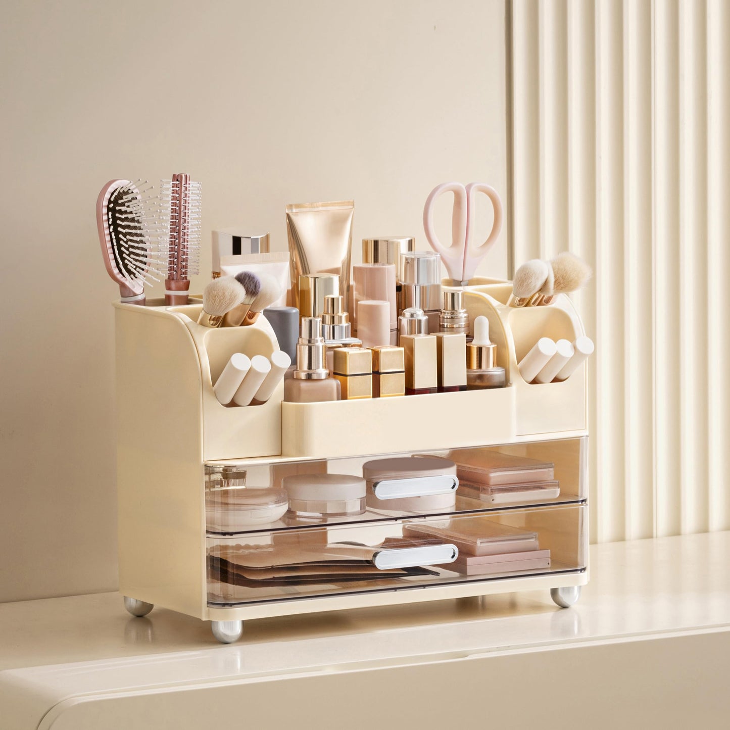 HBlife Makeup Organizer for Vanity with Brush Holder, Large Bathroom Countertop Cosmetic Organizer Skin Care Storage, Easy to Store Lipsticks, Nail Polishes, Perfumes, Eyeshadow Palettes, Beige