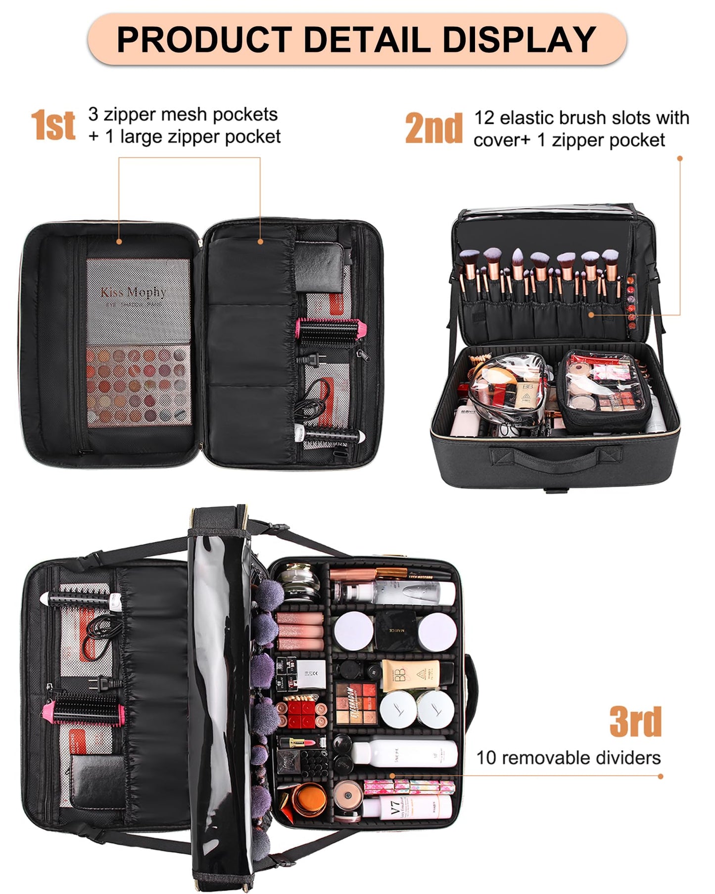 Relavel Makeup Bag, Extra Large Makeup Case, Cosmetic Storage Organizer Box Brush Holder with 4 Clear Set Bags and Adjustable Dividers and Shoulder Strap for Professional Make Up Artists