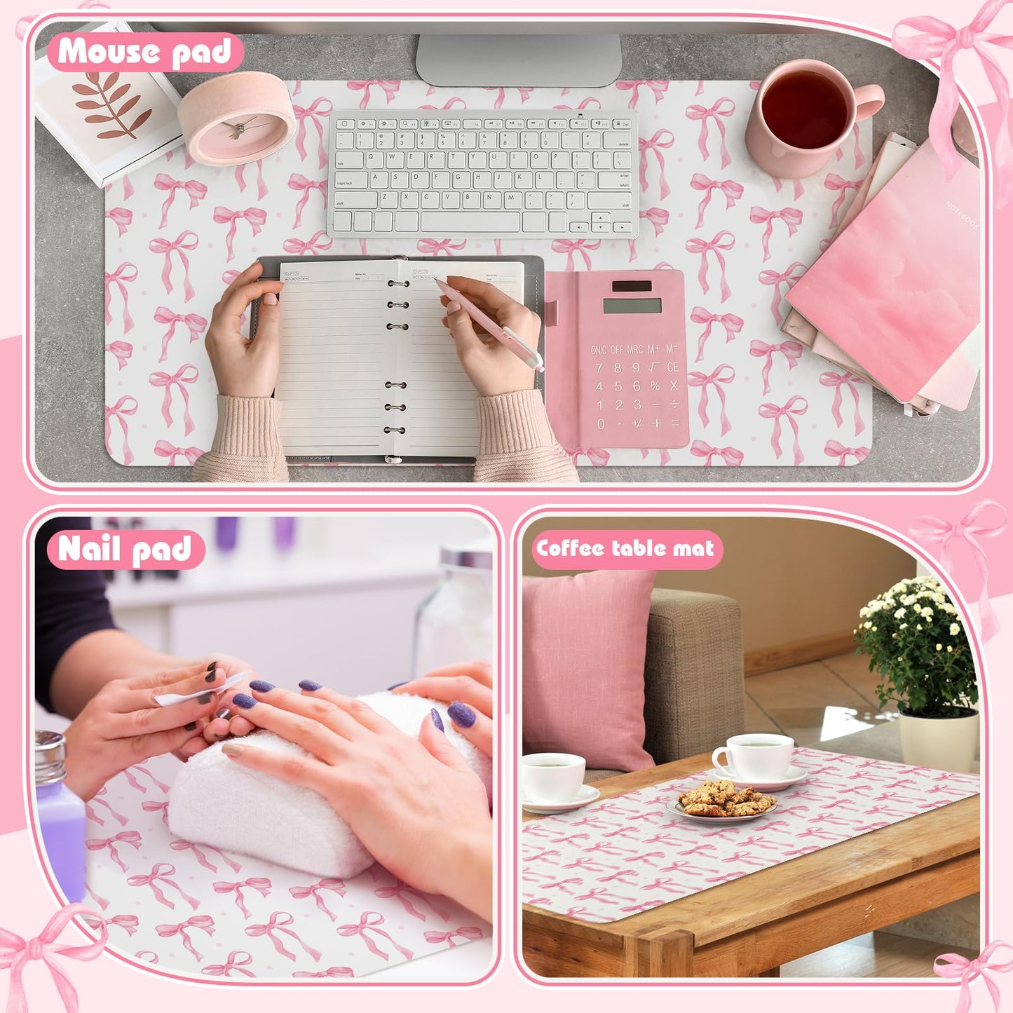 Teenyyou Coquette Bow Makeup Mat for Vanity Top Protector Back to School Gift 31.5" X15.7" Dual Side Leather Desk Mouse Pad Girly Waterproof Nonstick Dressing Vanity Cover for Women Home Office