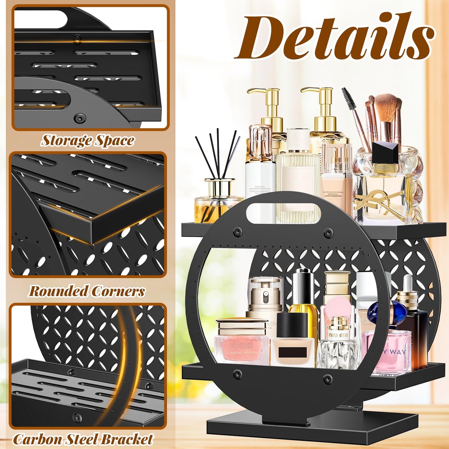 Gouisalin Makeup Organizer for Vanity, 2-Tier Black Perfume Stand Organizer for Dresser, Bathroom Countertop Organizers Bathroom Counter Shelf Skincare Holder Storage Tray Cosmetic Display Rack