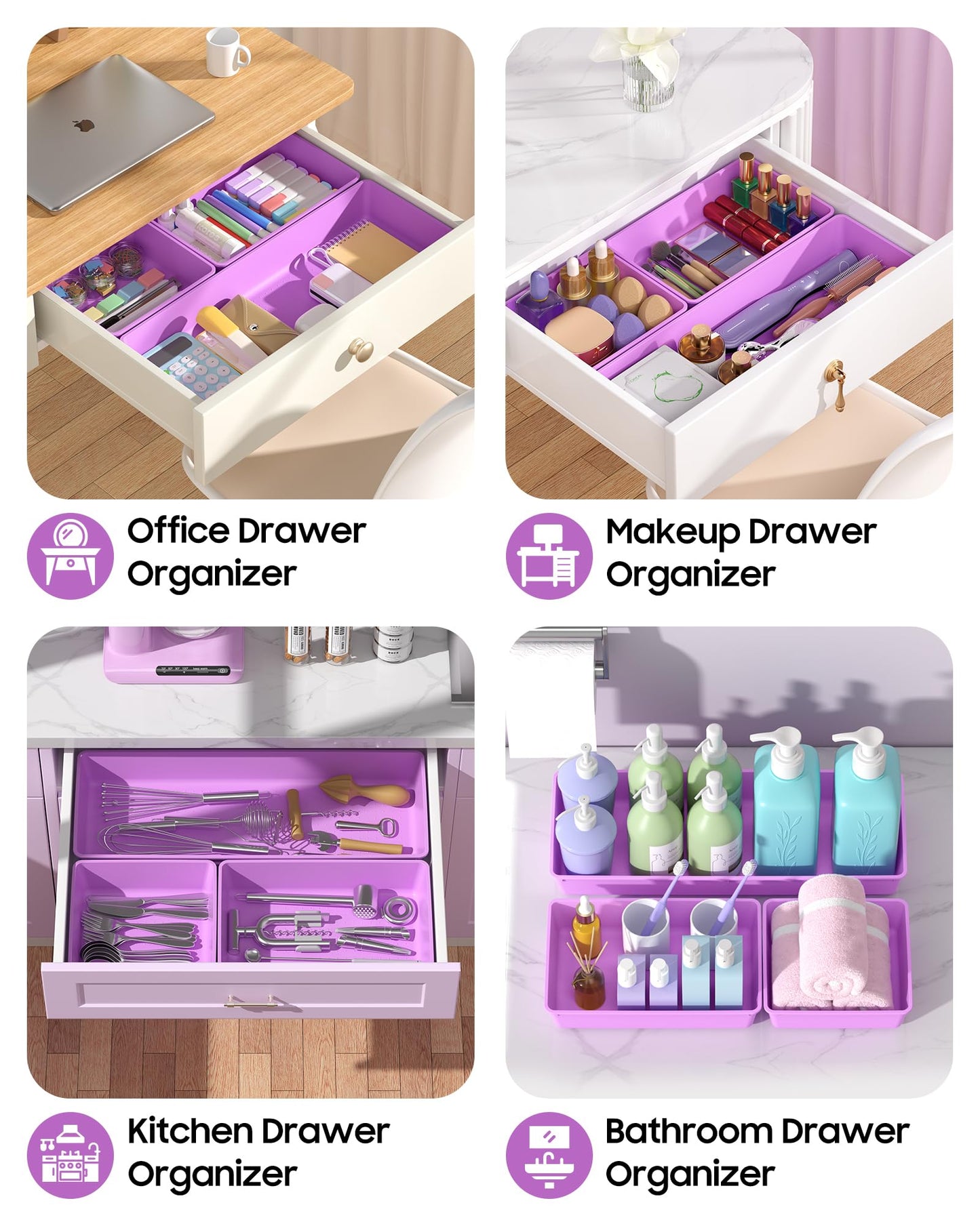 MLIKLU 10 Pack Large Size Plastic Drawer Organizers Set, 3 Sizes Desk Drawer Organizer Trays, Storage Bins for Vanity, Makeup, Bathroom, Kitchen Utensils and Office (Purple)