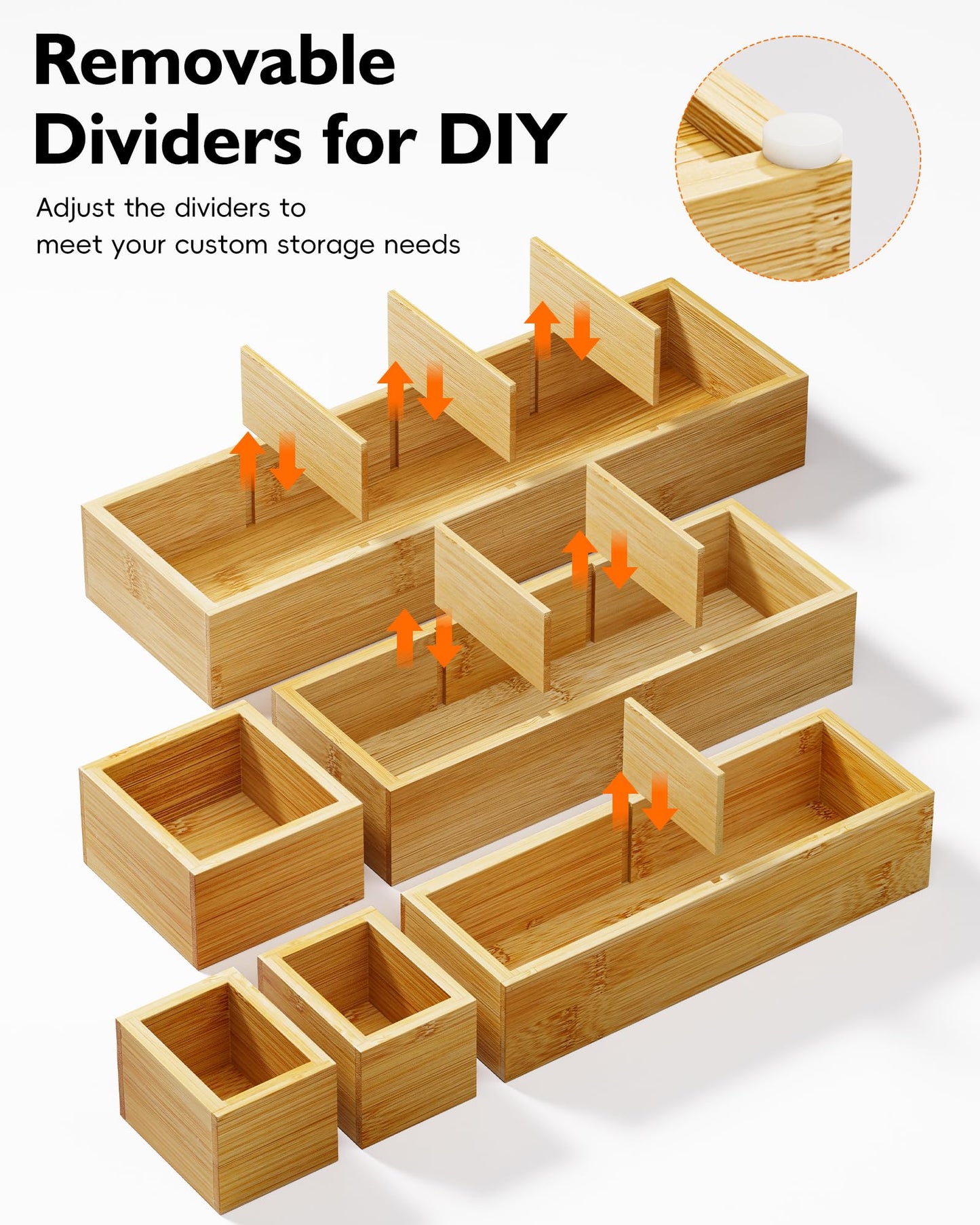 VA1KENE Bamboo Drawer Organizer Set, 6 PCS Desk Drawer Organizer Trays with 12 Compartments, Wood Storage Boxes for Junk Drawer, Kitchen Utensils, Office Supplies, Makeup, Jewelry, Bathroom