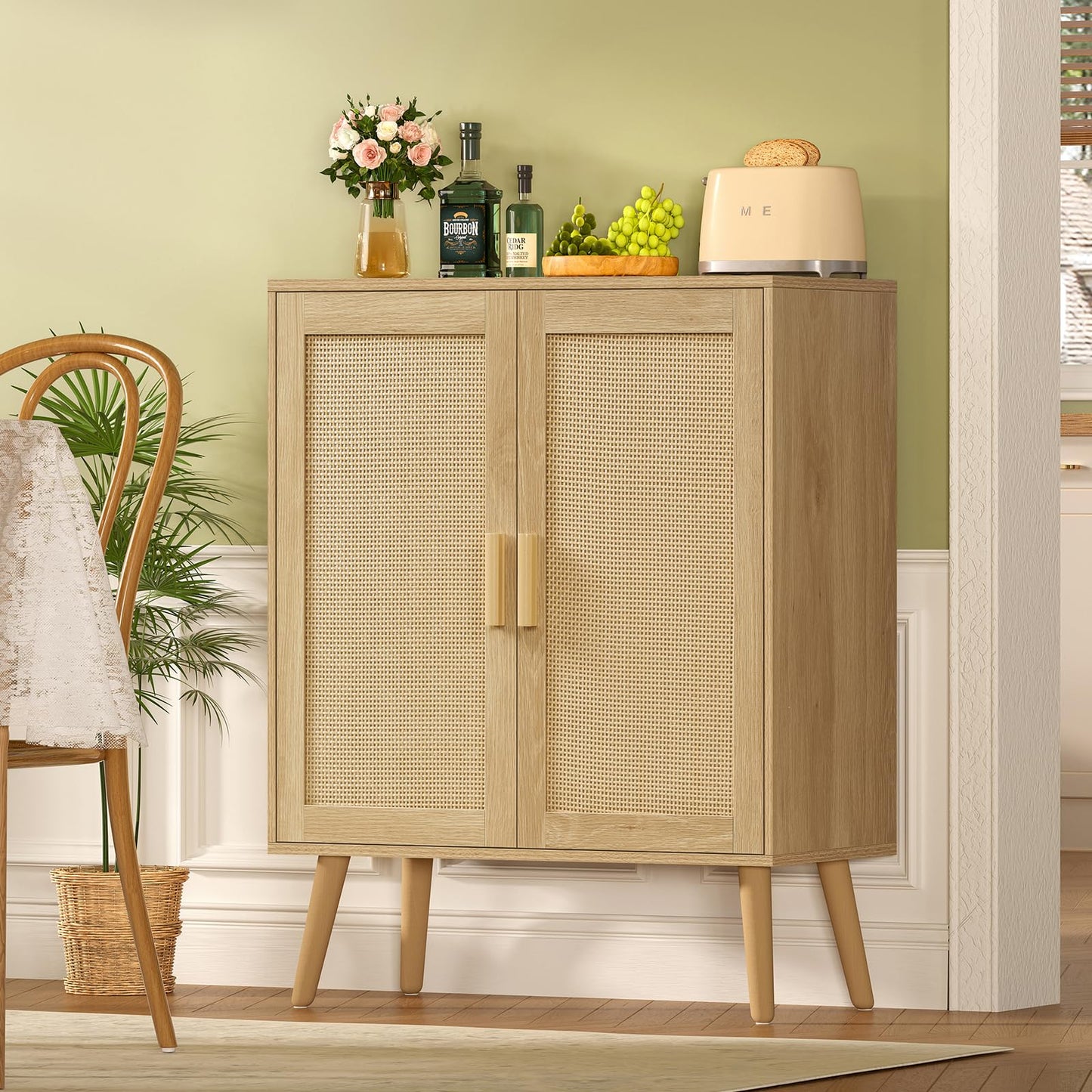 Iwell Storage Cabinet with 2 Shelves, Rattan Cabinet with 2 Doors, Sideboard Buffet Cabinets with Storage for Living Room, Dining Room, Entryway, Natural