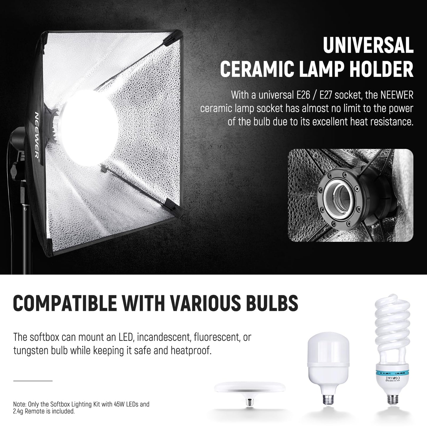 NEEWER 2Pcs 24"x24" 900W Equivalent Softbox Lighting Kit with Tripod Stands, 45W Bi Color 2.4G LED Bulbs, Remote, 10 Channels 2900K-7000K 1400lx/m CRI95, Photography Continuous Lighting Kit, NK103