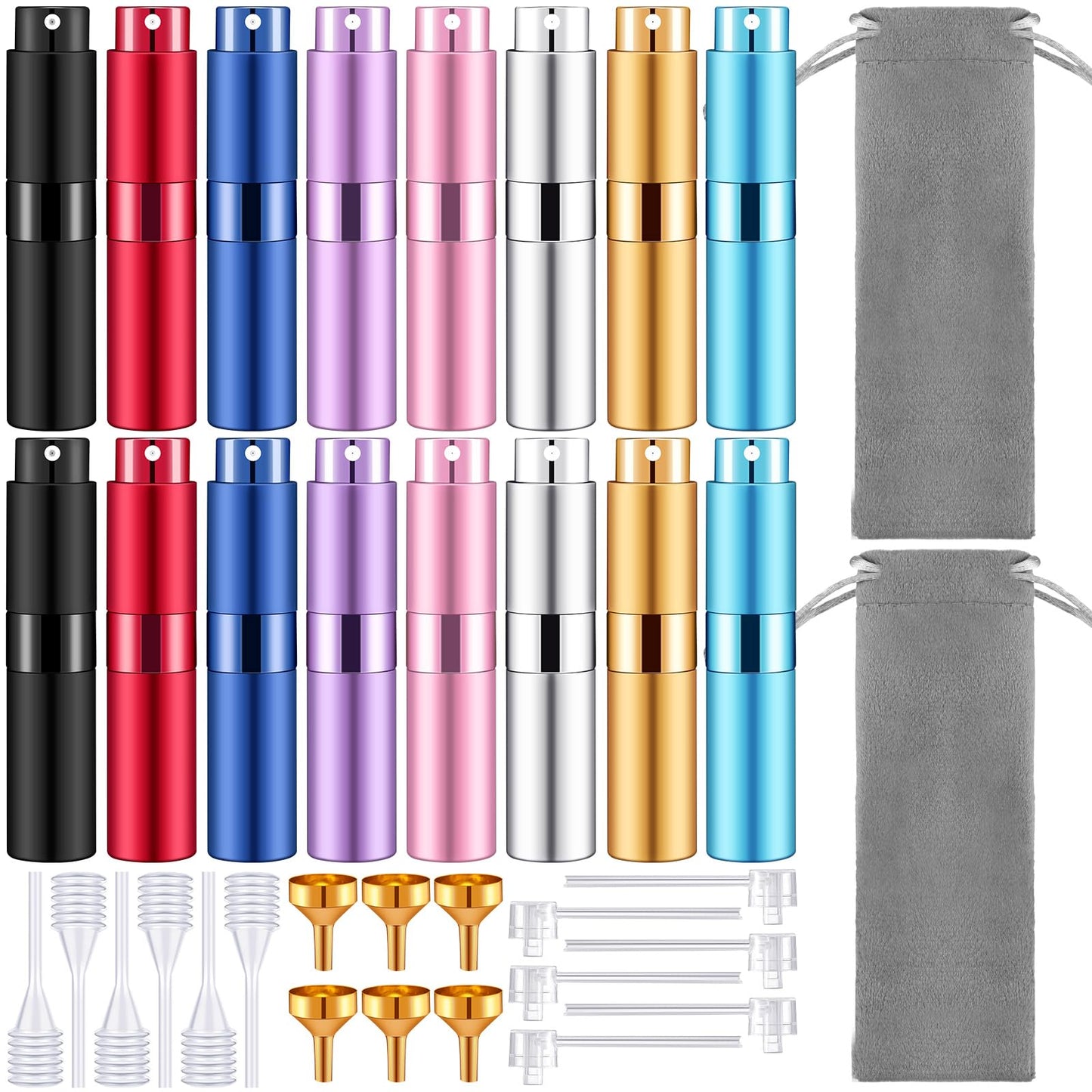 Honeydak 16 Pack 8 ml Perfume Travel Refillable Perfume Atomizer Mini Refillable Spray Travel Bottles Empty Cologne Sprayer Portable Atomizer with Funnel, Dispenser, Bag(Multicolor)