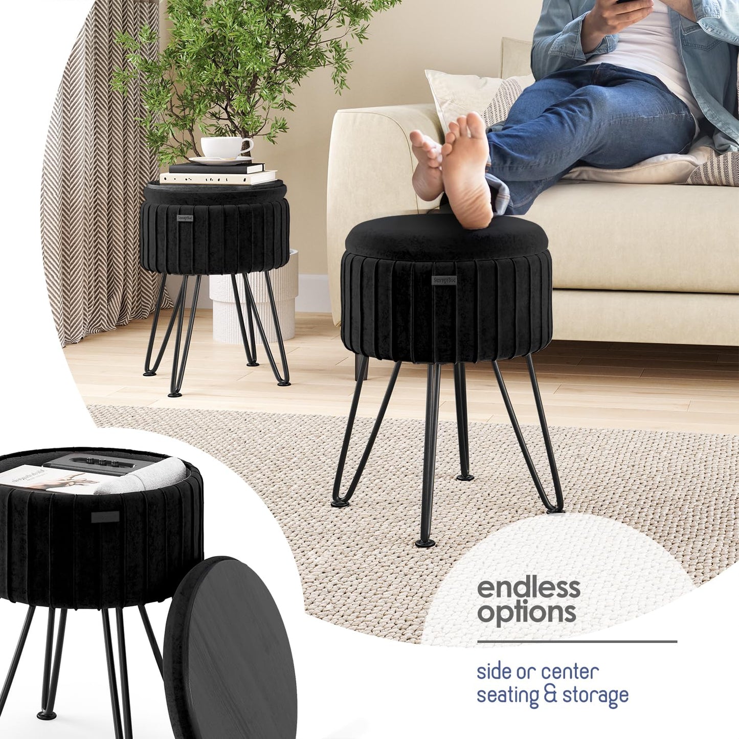 STORAGEBUD Round Ottoman with Storage, Pleated Velvet Storage Ottoman, Foot Stool Ottomans, Makeup Vanity Stool, Small Ottomans Foot Rest, Modern Vanity Stools for Living Room and Bedroom, Black