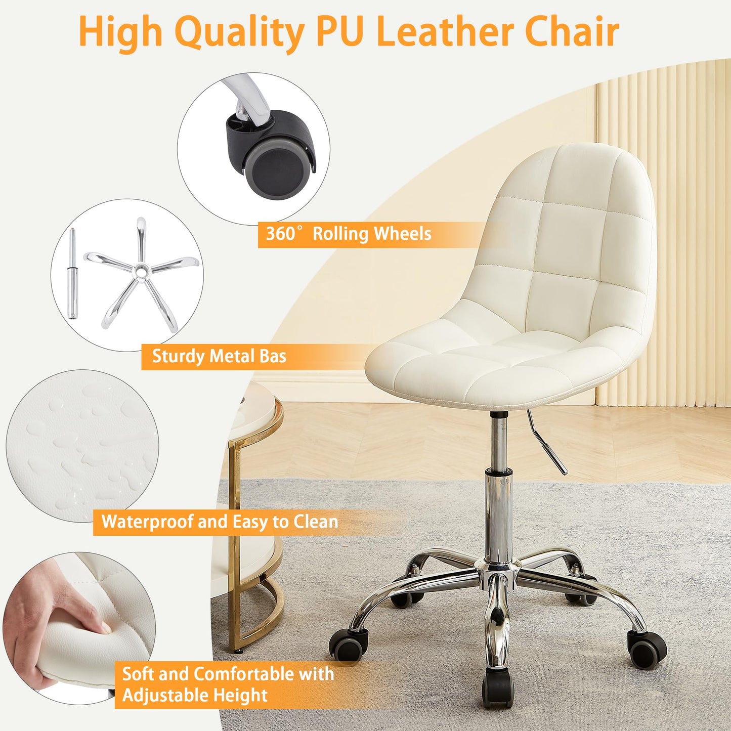 VECELO Stylish Height Adjustable Faux Leather Vanity Chair, Modern Swivel Makeup Chair with Rolling Wheels, Comfortable Padded Task Chair for Bedroom, Dressing Room & Home Office – White