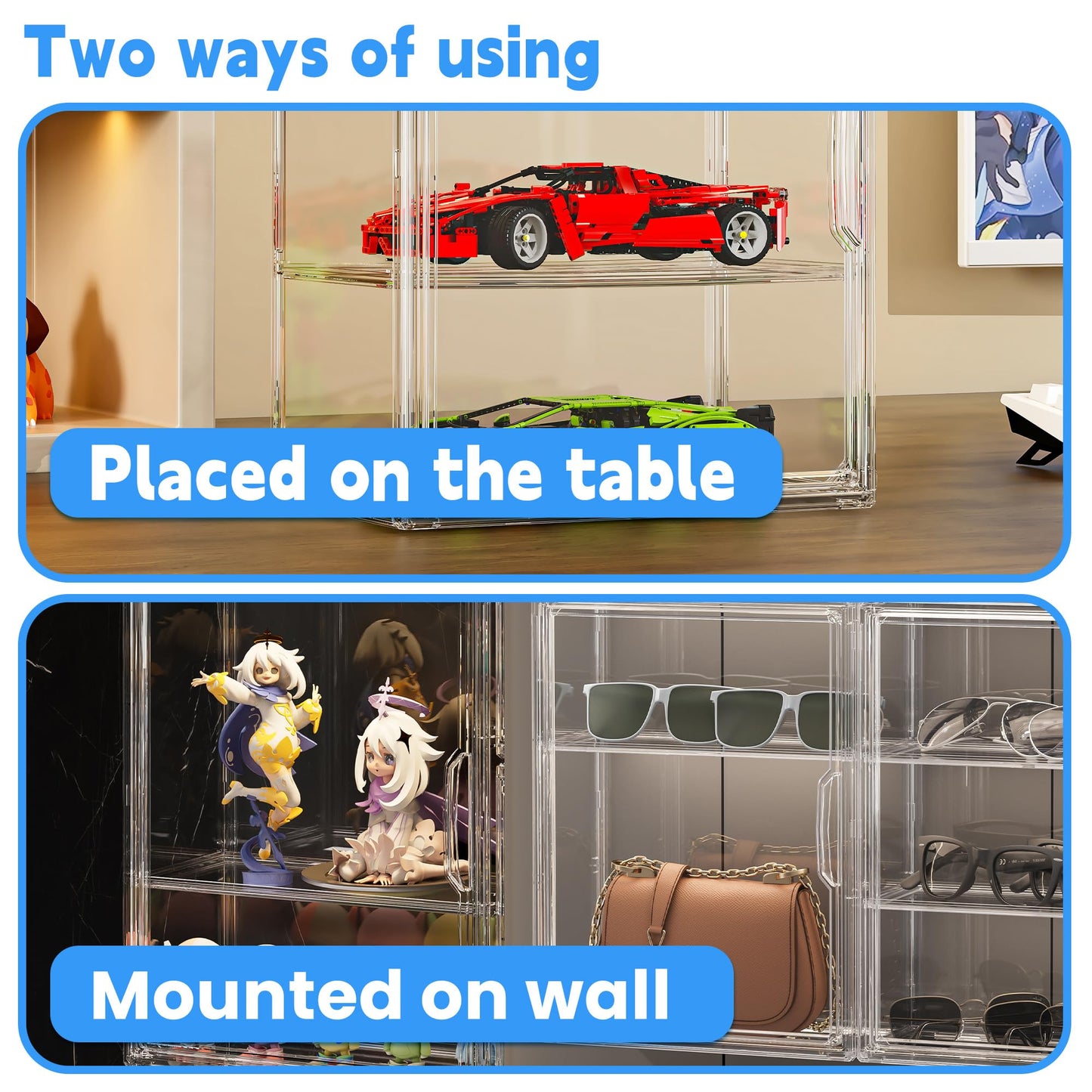 Montex Acrylic Display Case for Collectibles 3 Tier, Figure Display Case with 2 Movable Plates, Dustproof Showcase for Collectibles, Clear Display Case for Figures(4 Pack)