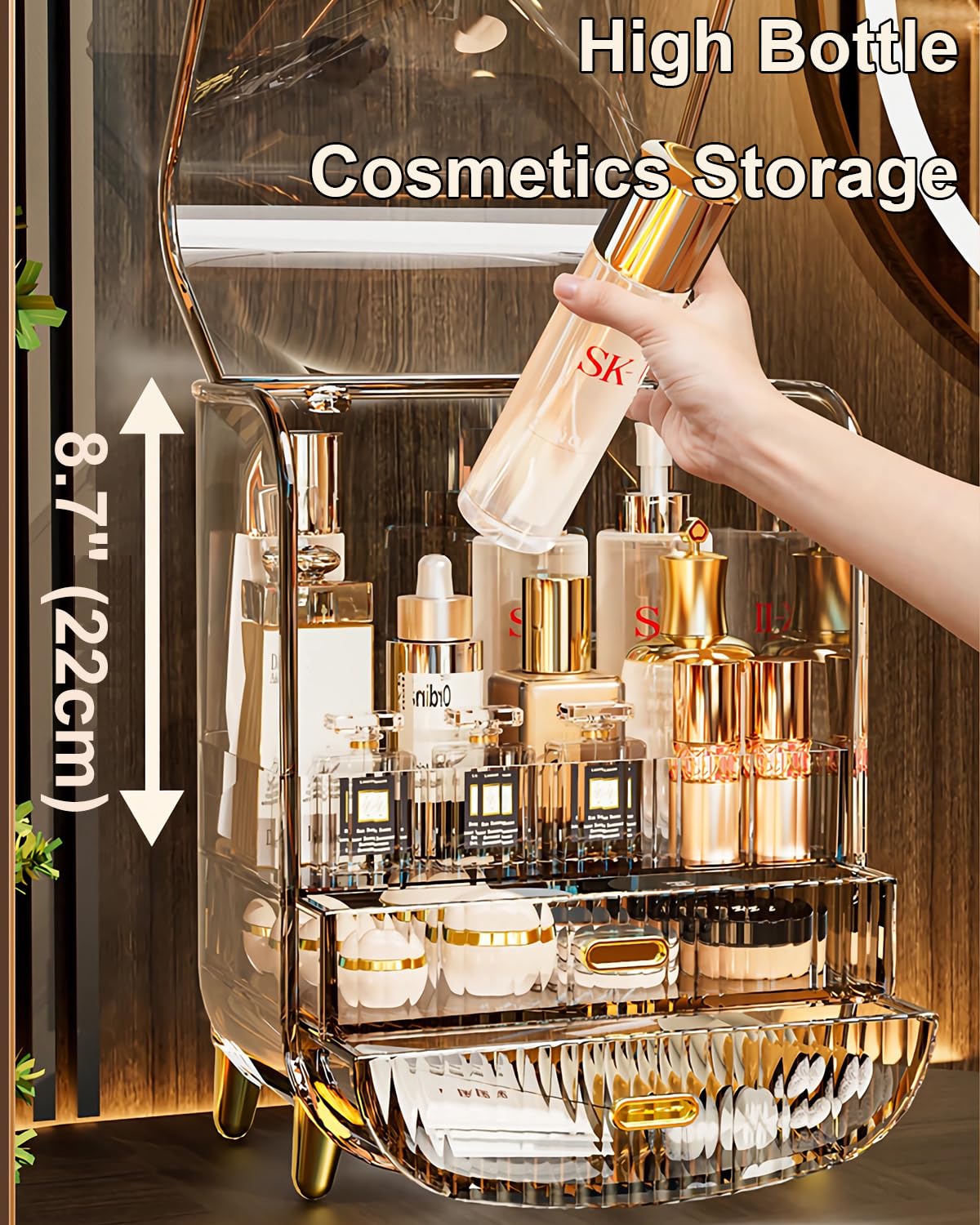 Makeup Organizer, Large Capacity Cosmetics Makeup Organizer for Vanity, Dustproof Waterproof Cosmetics Display Case with Drawers for Skincare, Lipstick, Brushes and Jewelry (Clear)