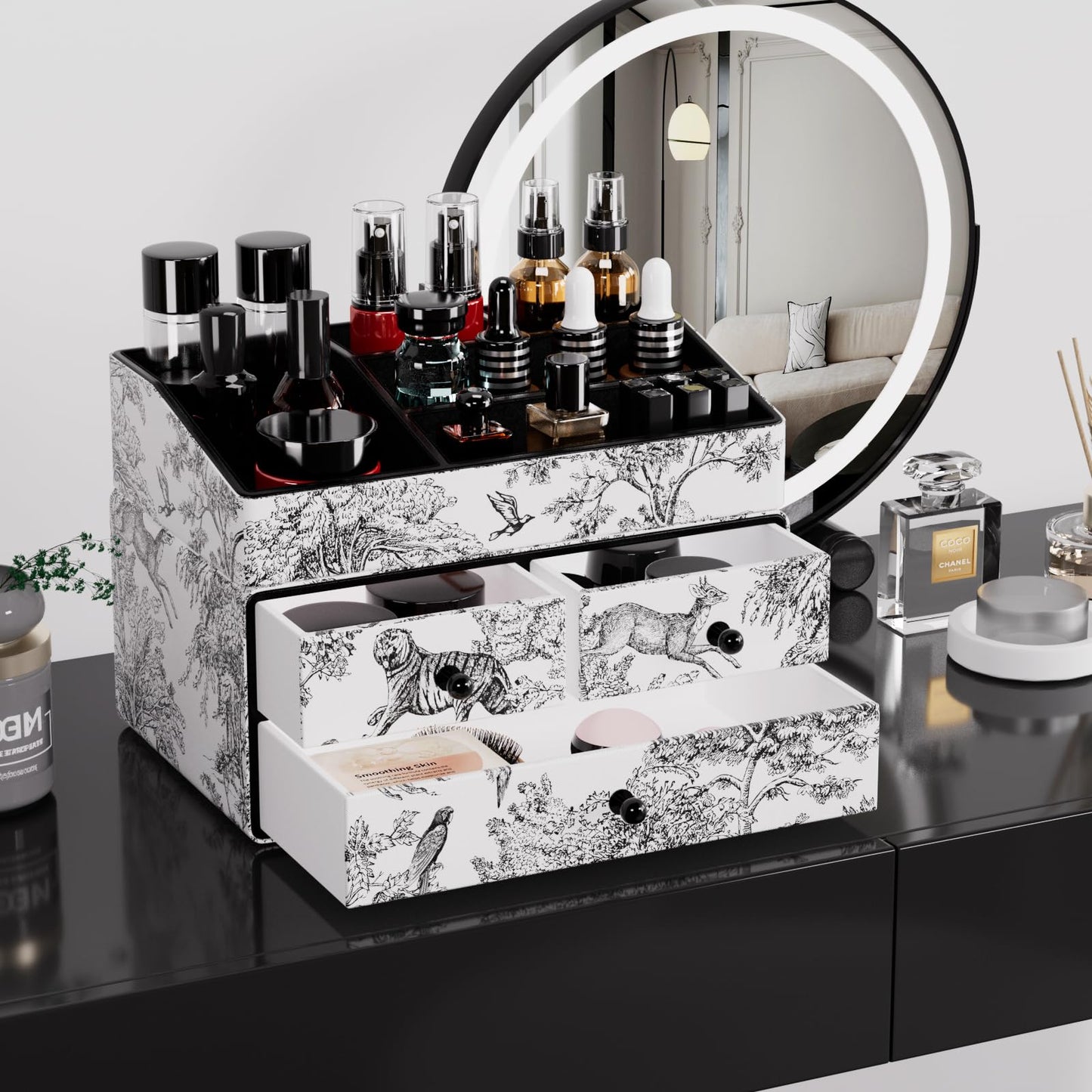 GORESE Leather Makeup Organizer with 3 Drawers for Vanity, Stackable Skincare Holder Dresser Organizer Countertop, Make Up Storage Organizers Counter Cosmetic Display Case Gift for Women(Retro Black)