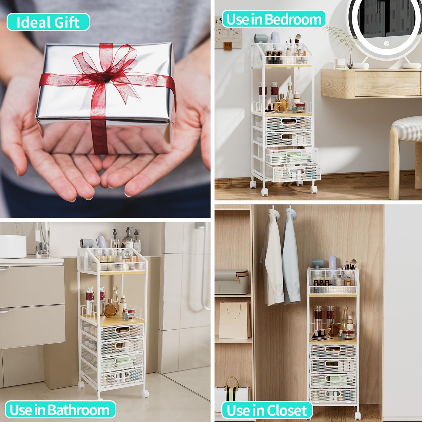 HapiRm Rolling Cart Makeup Organizer - Metal Makeup Cart with Wheels and Drawers for Small Spaces & Messy Vanities, Space-Saving Beauty Cosmetics Cart Storage Cabinet Stand for Perfume Hair Tools