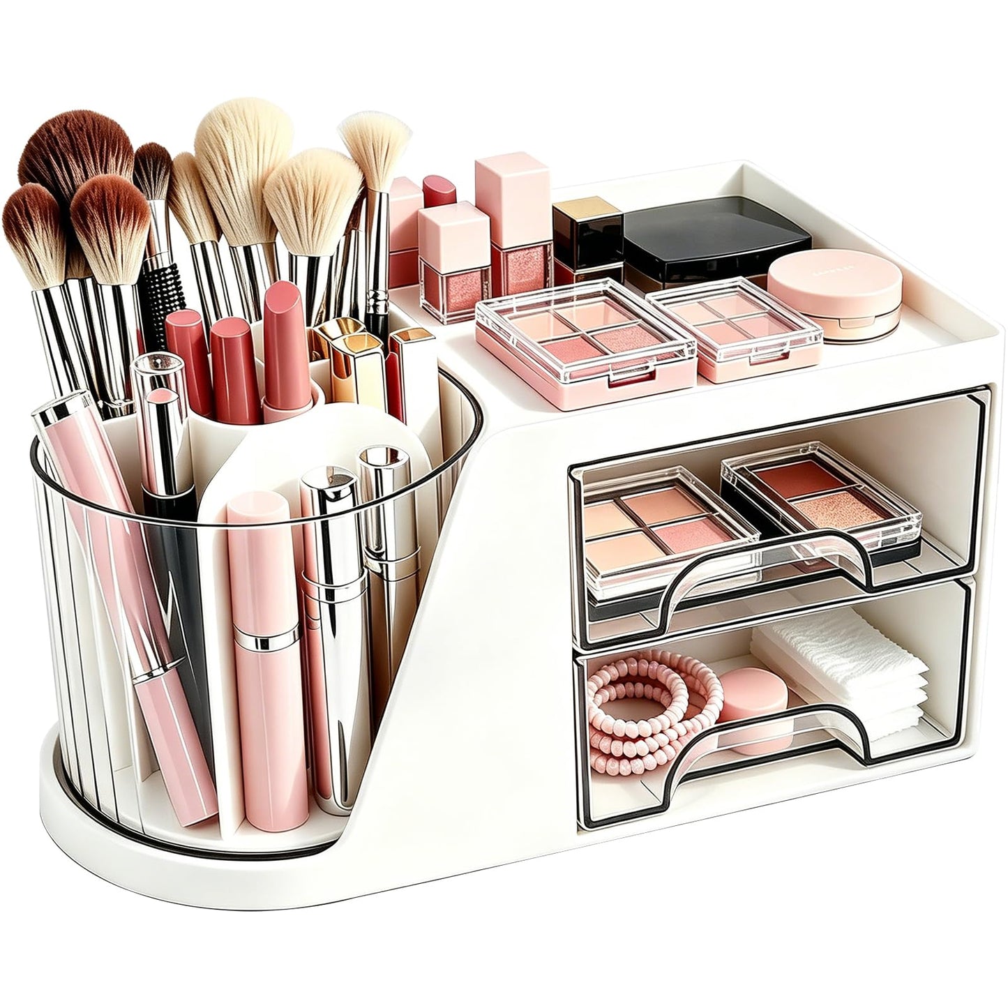 Neehows Makeup Organizer with 360°Rotating Brush Holder, Small Plastic Cosmetic Display Case with 2 Drawers for Make up Brushes Eyeshadow Lipstick Vanity Desktop Bathroom - White