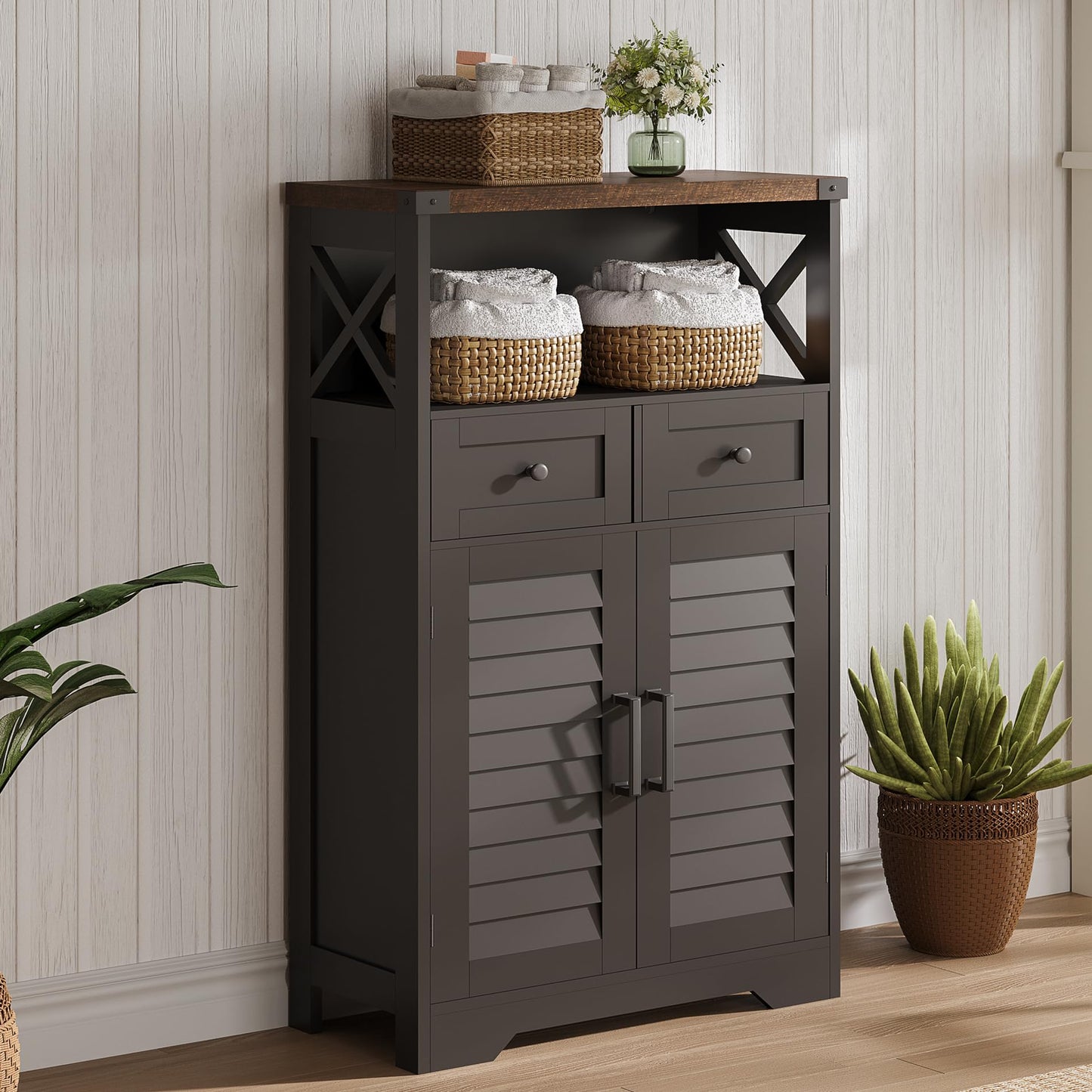 ChooChoo Farmhouse Storage Cabinet, Bathroom Floor Cabinet with Doors and Drawers, Kitchen Pantry Cabinet for Living Room, Laundry, Black