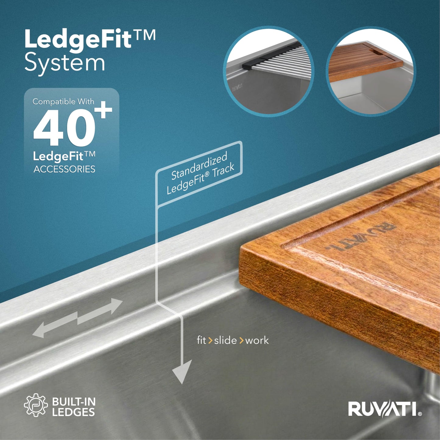 Ruvati 33 x 22 inch Workstation Drop-in 60/40 Double Bowl Topmount Tight Radius 16 Gauge Stainless Steel Ledge Kitchen Sink - RVH8035