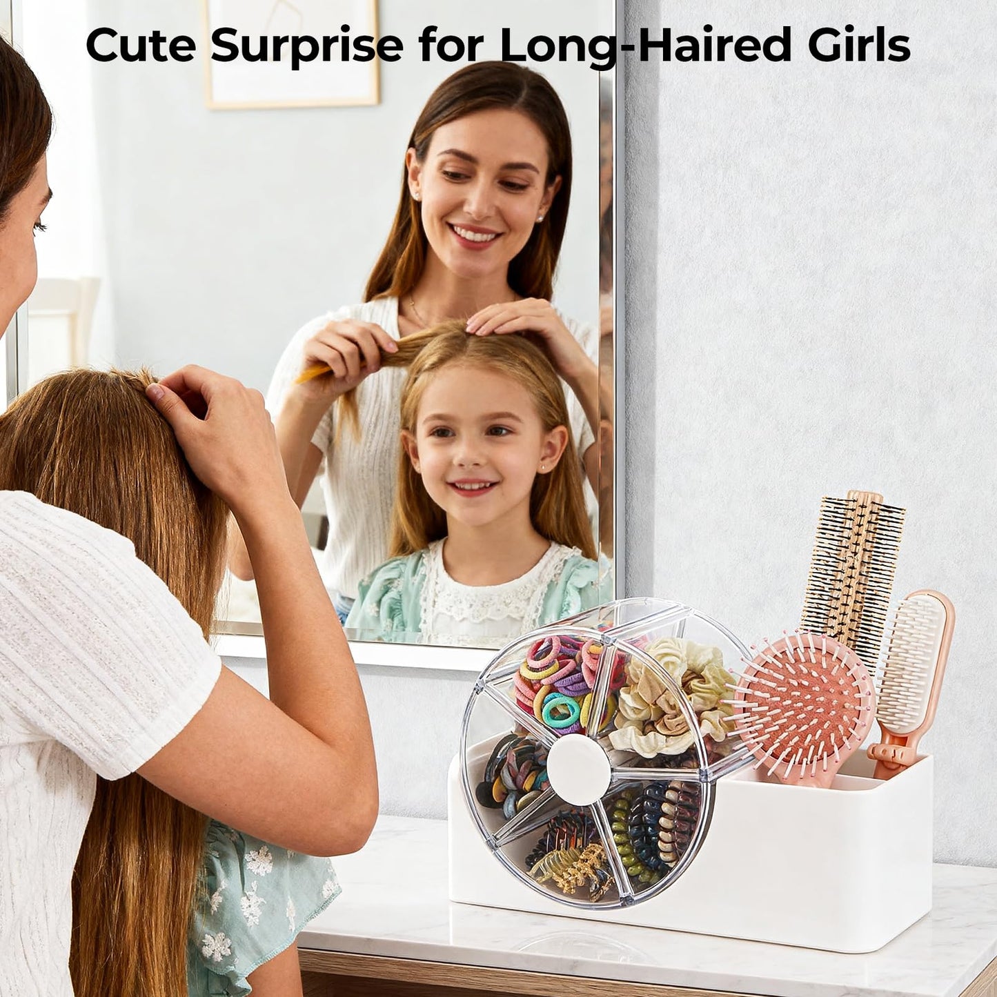 Hair Accessories Organizer for Girls, 2-Slot Hair Brush Holder & 5-Section Rotating Wheel, Cute Makeup Brush Holder for Hair Tile, Clip, Makeup Brush, Earring, Ring, Kids Vanity Accessories (White)