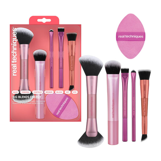 Real Techniques 6 Piece Big Blends Energy Brush + Dual-Sided Puff Kit, Face Makeup Brush & Puff Set for Foundation, Concealer, Powder & Blush, Travel Friendly, Cruelty-Free & Vegan